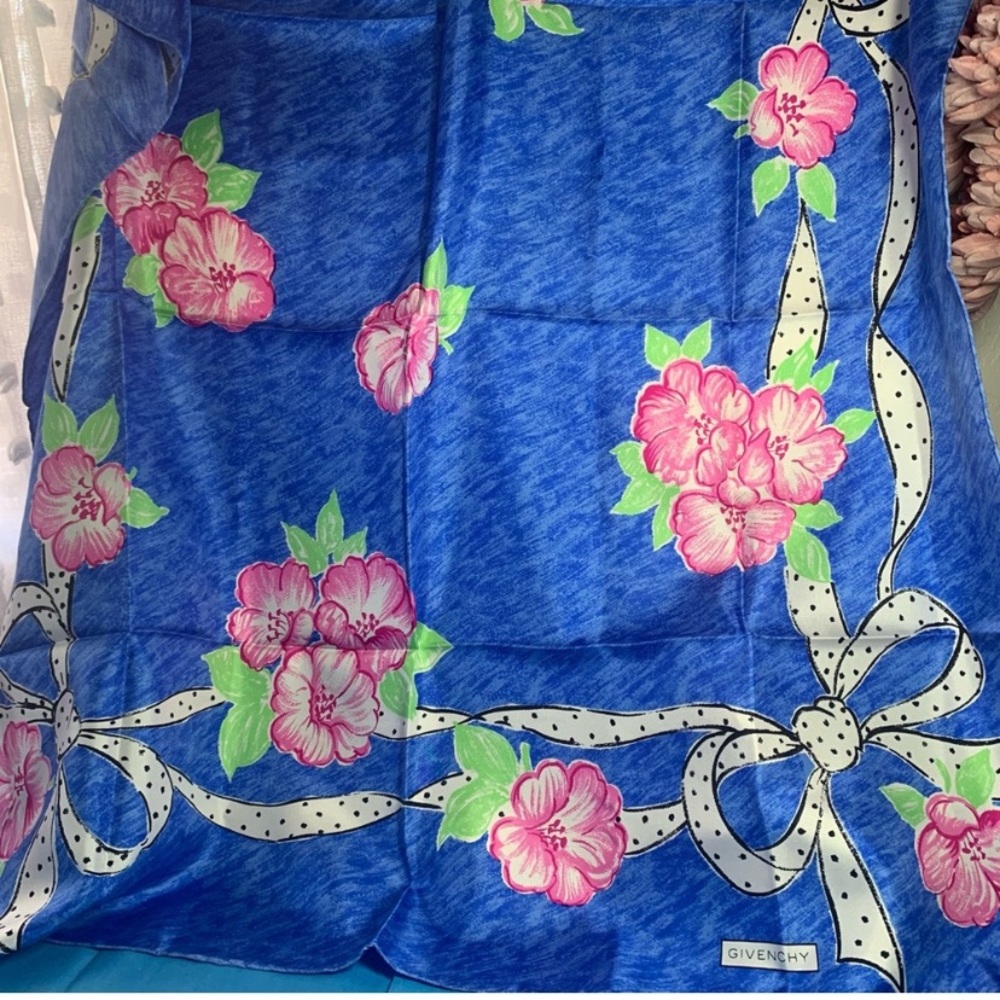 Pre Owned Givenchy Vibrant Blue Scarf with Pink Floral Design